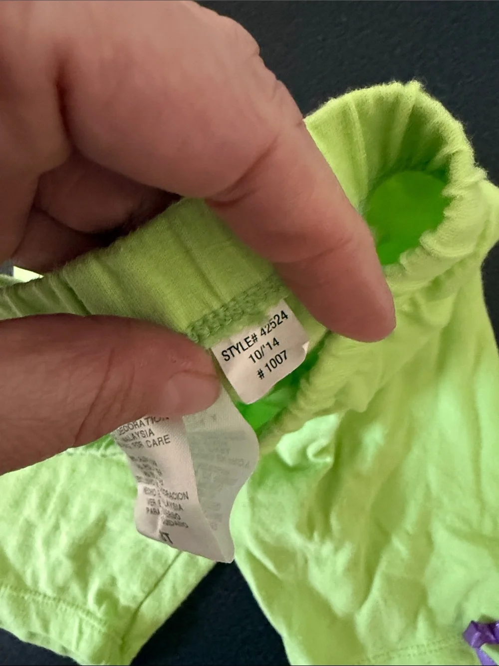 Kids Lime Green Stretch Short Leggings with Purple Bow Accents dated 2014 Y2K